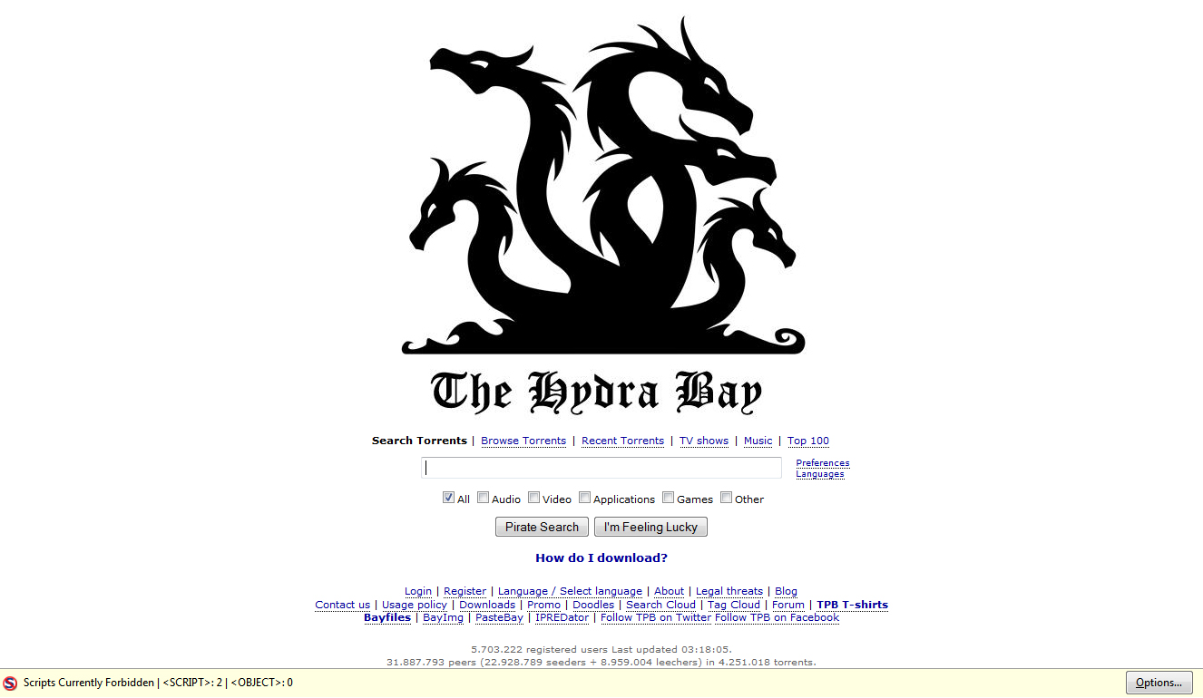 A screenshot of the Pirate Bay