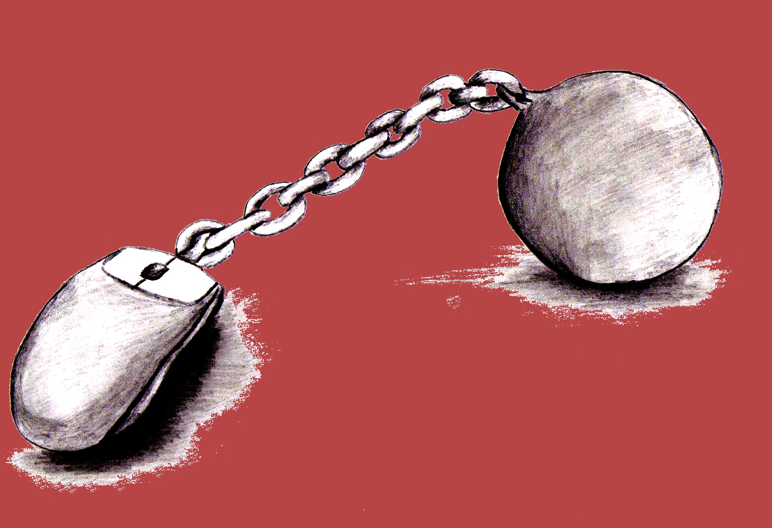 A computer mouse chained to a ball