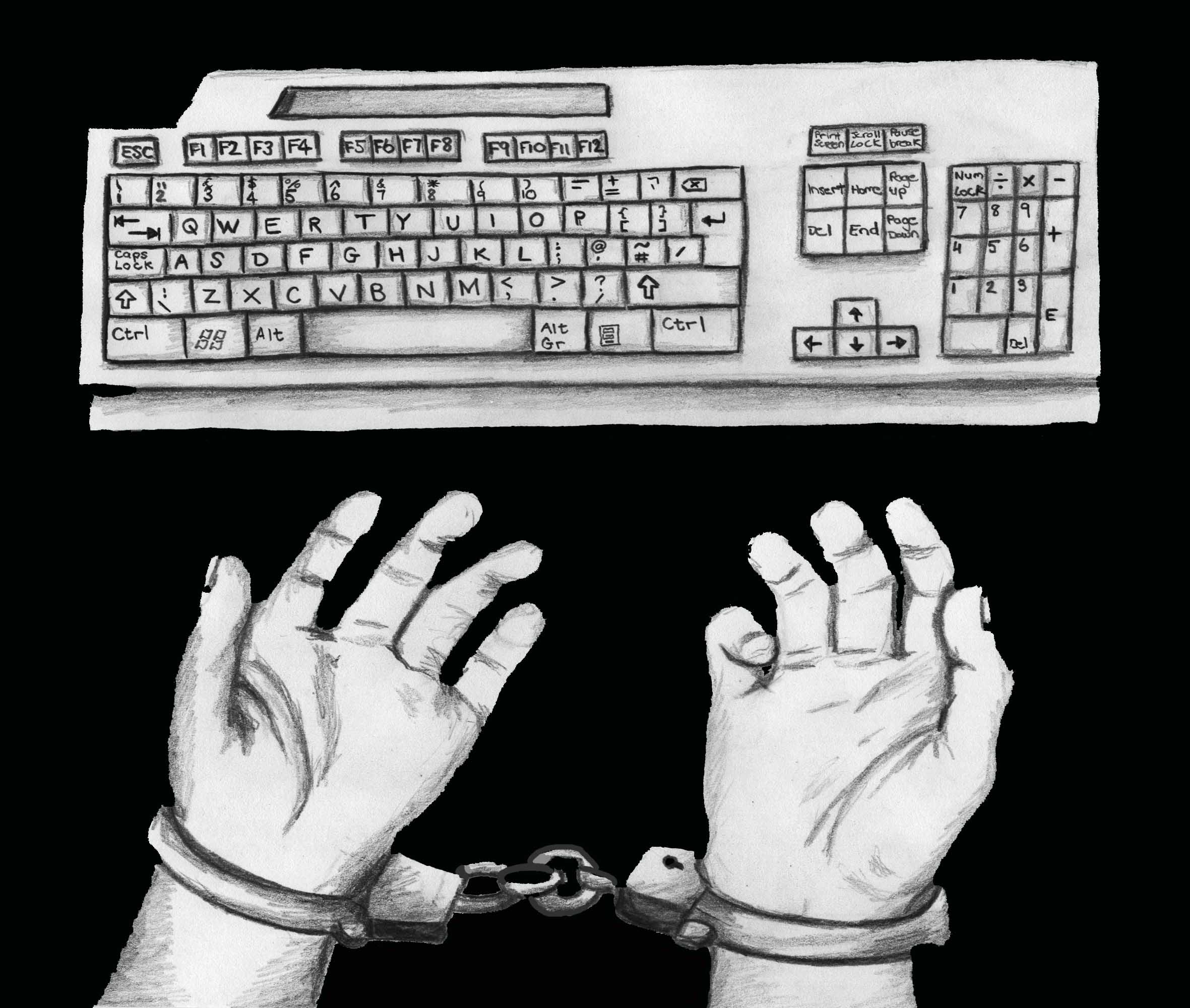 An image of a pair of hands shacked to a keyboard